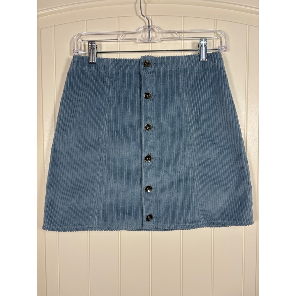 Steel Blue Corduroy Button Front Mini Skirt M Soft Girl 70s Twee Fall Cozy
